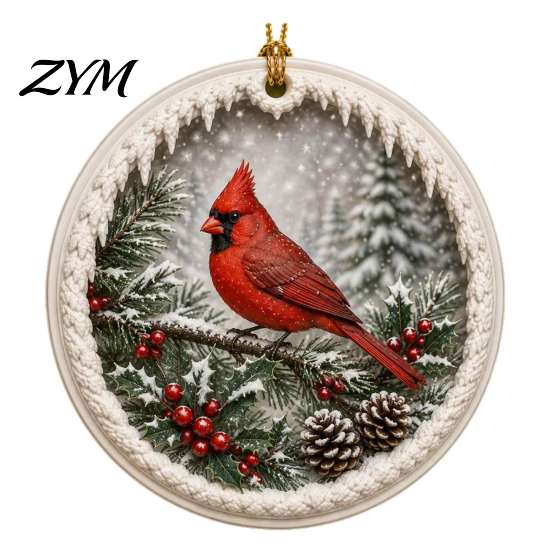 Winter Window Ornaments Acrylic Christmas Red Bird Ornament, Snow Scene Pattern Xmas Tree Festive Hanging Decor Decor, Retro Round Pendant for Holiday