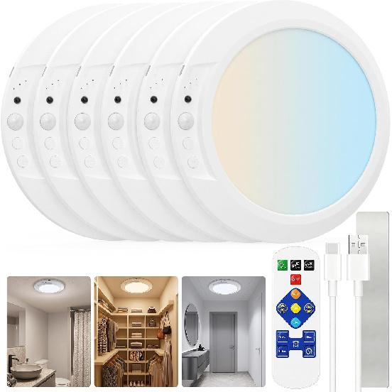 Rechargeable Motion Sensor Ceiling Light, Wireless LED Battery Operated Ceiling Lamp with Remote, 3CCT Color Changing Dimmable Flush Mount Light for