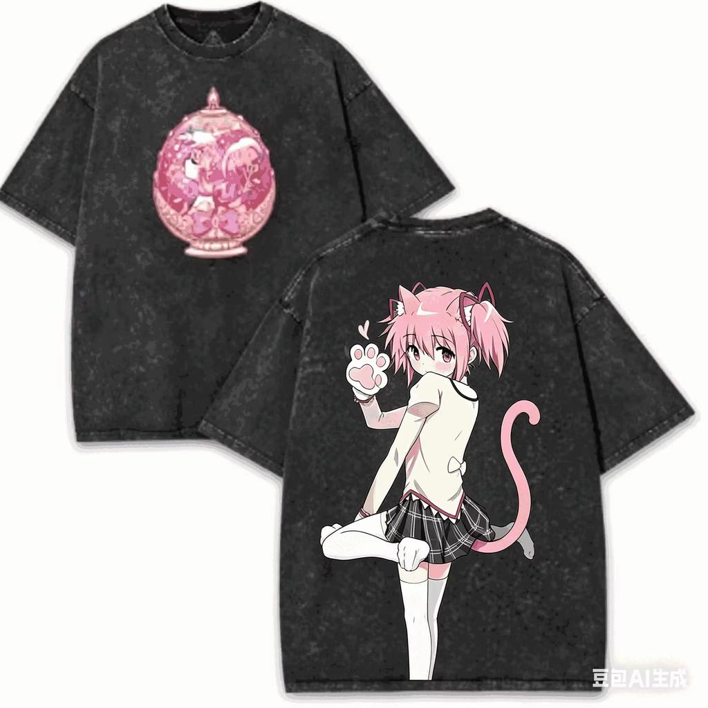 2026 Puella Magi Madoka Magica Мадока Канаме Винтажная стираная с принтом Свободная футболка с коротким рукавом из чистого хлопка для фанатов
