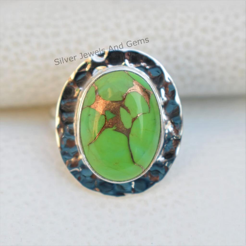 Hammered 925 Sterling Silver Green Turquoise Ring, Oval Copper Turquoise Hammered Ring