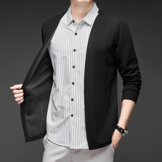 Мужская рубашка, имитация двухкомпонентного кардигана с отложным воротником, однобортная, в полоску, с длинными рукавами, подходящего цвета, трикотажная, официальная