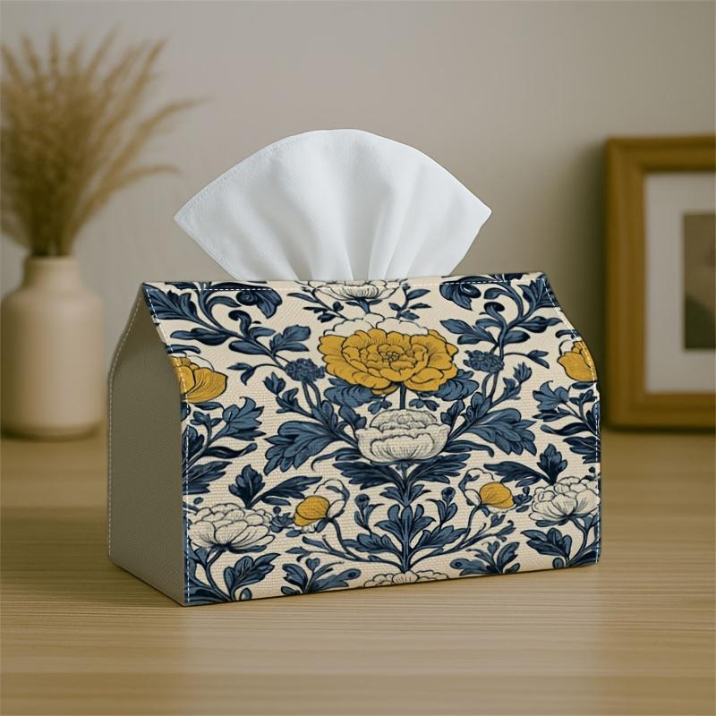 1pc Art Nouveau Floral Damask Tissue Box with Blue Yellow Symmetrical Vine- Napkin Storage Organizer for Kitchen,Car,Elegant Decorative Box,Purpose fo