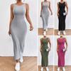 Summer Women Sundress Backless Skinny Sleeveless Solid Color Elastic Striped Sheath Slim Waist O Neck Knitted Maxi Dress Vacation Long Dress
