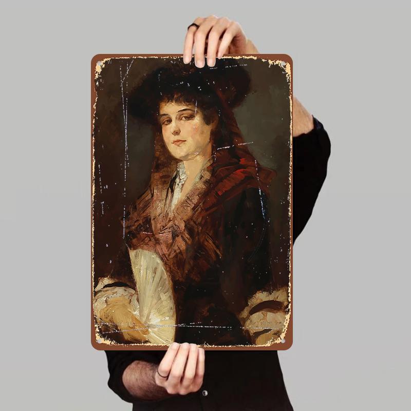 Vintage European Noble Lady Portrait Metal Tin Painting Living Room Wall Art Decorative Hanging Picture