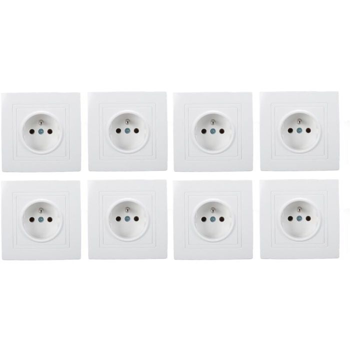 Pack 8 prises murales encastrées standard française 10A 220V blanc 82×82 mm