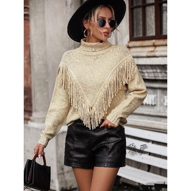 2024 Осень и зима Новый европейский и американский женский свободный однотонный вязаный свитер с кисточками и высоким воротом