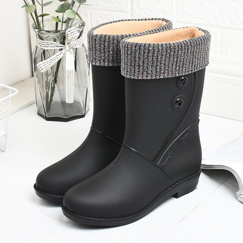 Fashion 2024Fashion Plush Rain Shoes for Women Warm High Tube Rainboots Winter Solid Color Low-heel Non-slip PVC Rubber Shoes