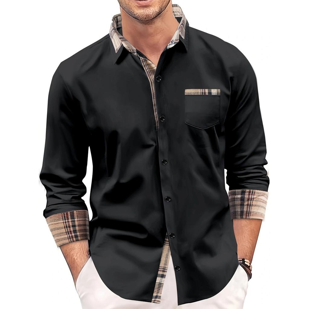 Мужская осенняя рубашка свободного покроя с длинным рукавом в клетку с цветными блоками на пуговицах