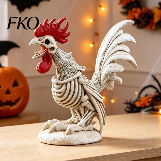 Unique Halloween Party Props Skeleton Rooster, Lifelike Chicken Decoration, Spooky Animal Artistic Resin Craft Bone Statue for Desktop Yard