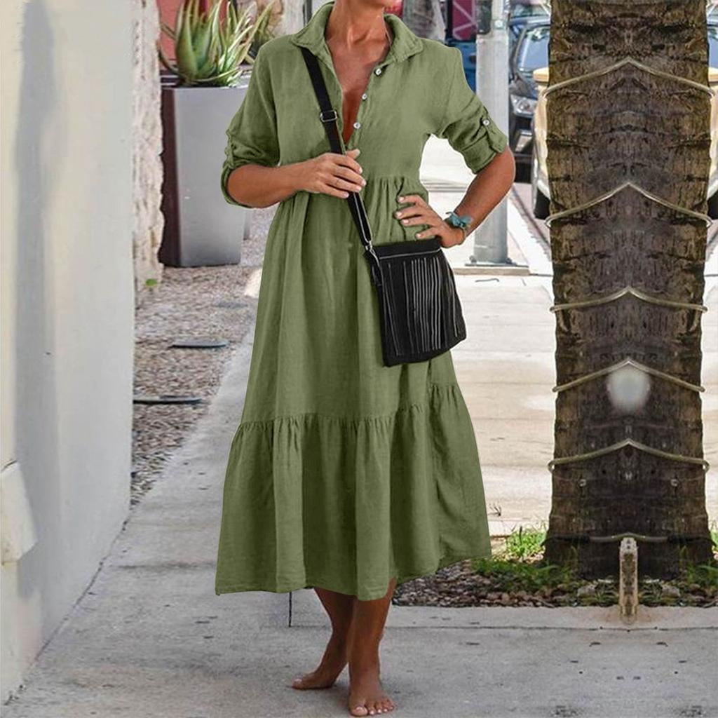 Женская мода в стиле ретро, ​​однотонная хлопковая и льняная длинная классическая рубашка с воротником и пуговицами, повседневная юбка