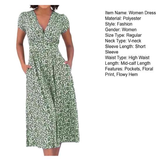 Платье миди в стиле бохо с V-образным вырезом, короткими рукавами, высокой талией, женским платьем с карманами, струящимся подолом, платье А-силуэта