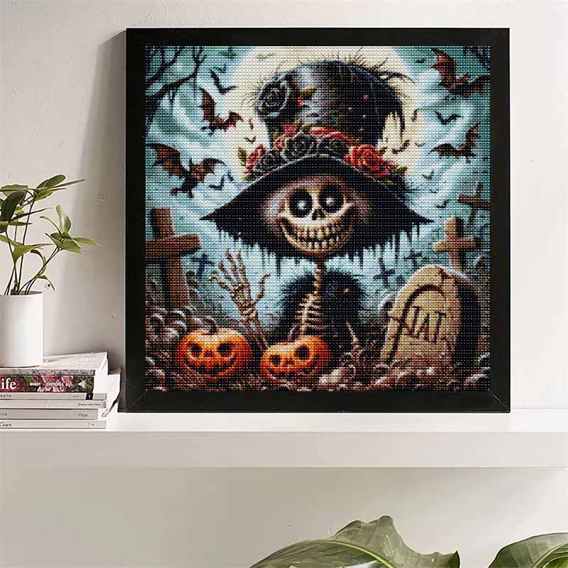 Gothic Cemetery Skeleton Full Drill Diamond Painting Kit, Vintage Floral Top Hat Pumpkin Bat Tombstone Halloween DIY Diamond Art Decor Gift