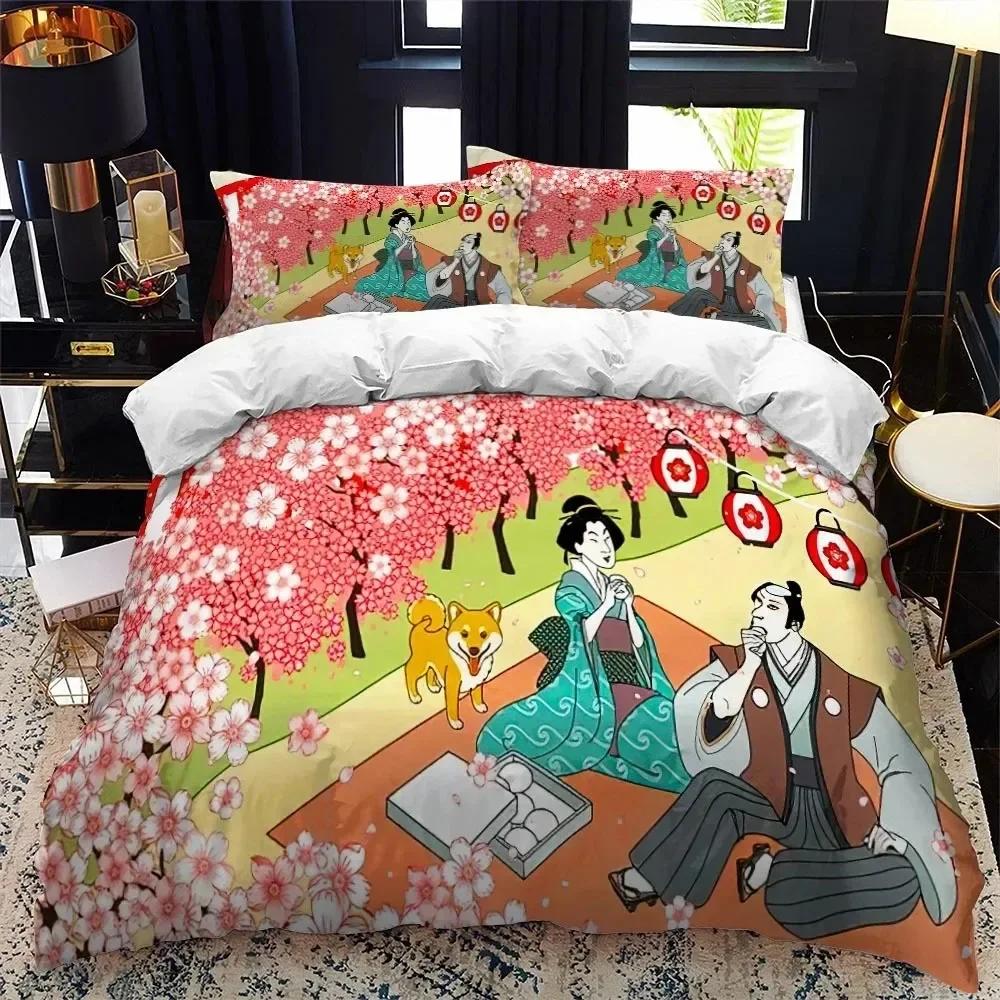 Japanese-Style Duvet Cover Set King Queen Full Size Ukiyo-e Theme Wave Pattern Polyester Bedding Set Fuji Mountain Exotic Style