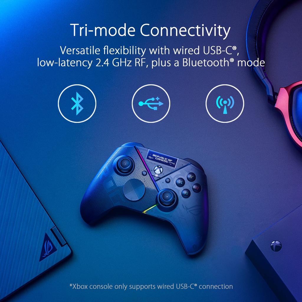 Asus ROG Raikiri Pro Геймпад задние кнопки Совместимость с ПК Xbox OLED-дисплей Проводное Bluetooth-соединение Выбираемое расстояние срабатывания триггера Продвинутый ЦАП ESS