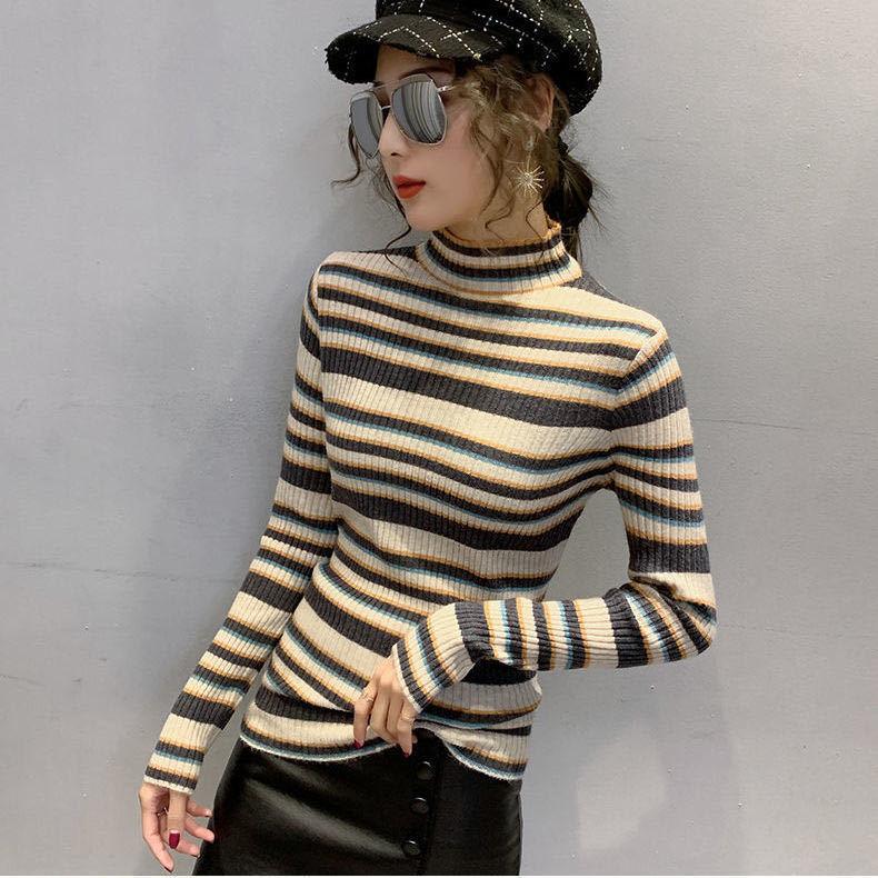 Осенне-зимний корейский свитер с высоким воротником и полосатым узором в цветных блоках, облегающий свитер-пуловер, женский базовый свитер