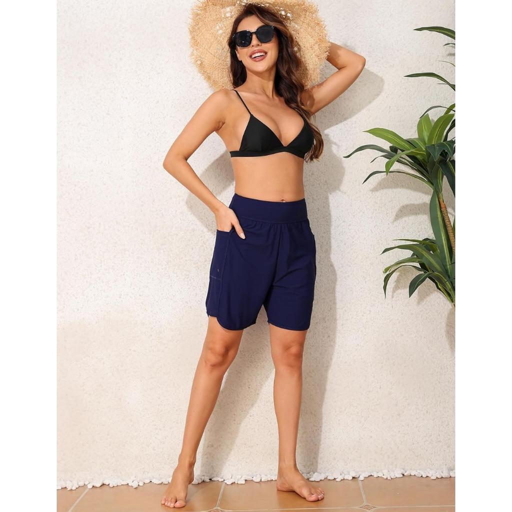 CHARMLEAKS Women's 6" Swim Shorts High Waisted Board Shorts with Pockets Quick Dry UPF50+ Swimsuit Bottoms Built-in Brief