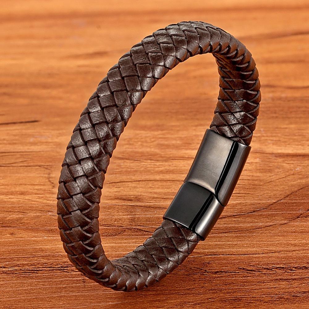 Retro Hip Hop Stainless Steel Leather Woven Bracelet Simple Black Brown Magnetic Buckle Couple Bracelet Men's Everyday Casual Wear Jewelry Accessories