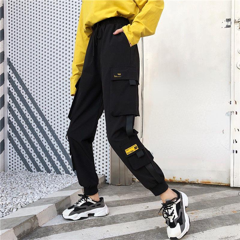 Весна-Лето женские свободные брюки-карго женские повседневные джоггеры черные с высокой талией свободные женские брюки