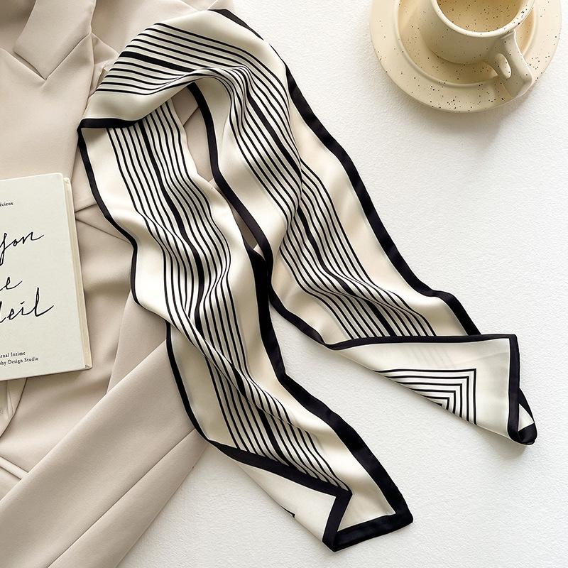 Длинный шелковый шарф в полоску для офисных леди с повязкой на волосы