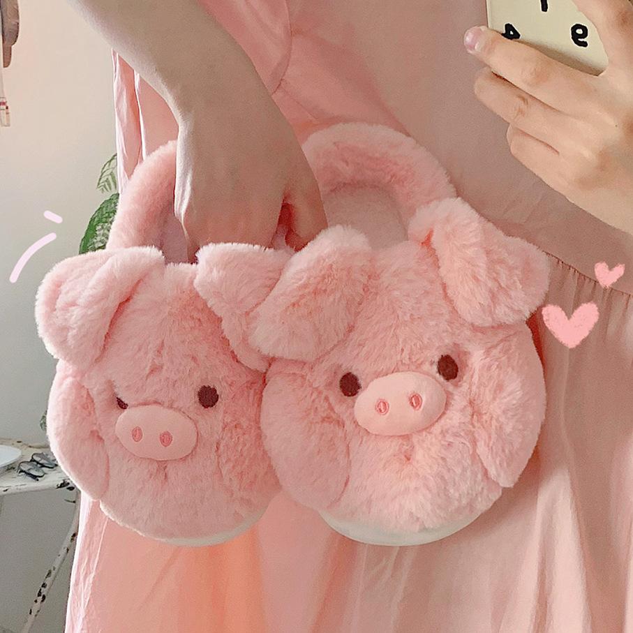 Pink Pig Cotton Slippers Women's Winter Warm Anti-Slip Cute Cartoon Soft Plush Indoor Fluffy Slipper for Girls Home Floor Shoes