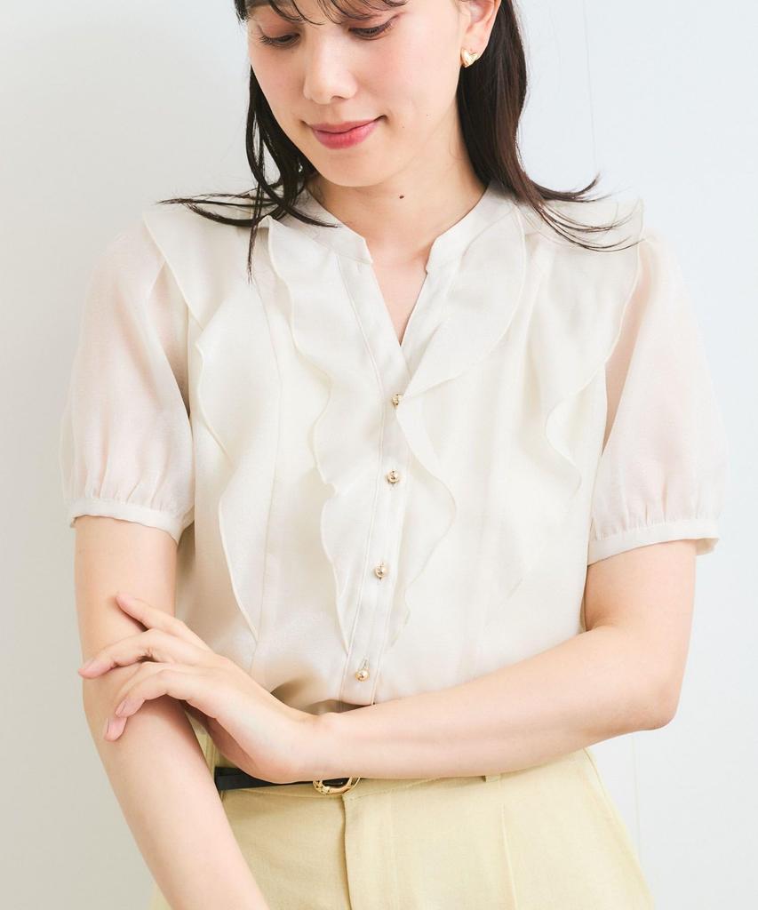 Блузка Прозрачная с оборками Короткий рукав Блузка для Натурального [BIS] [Стирка] Женщины, (16)