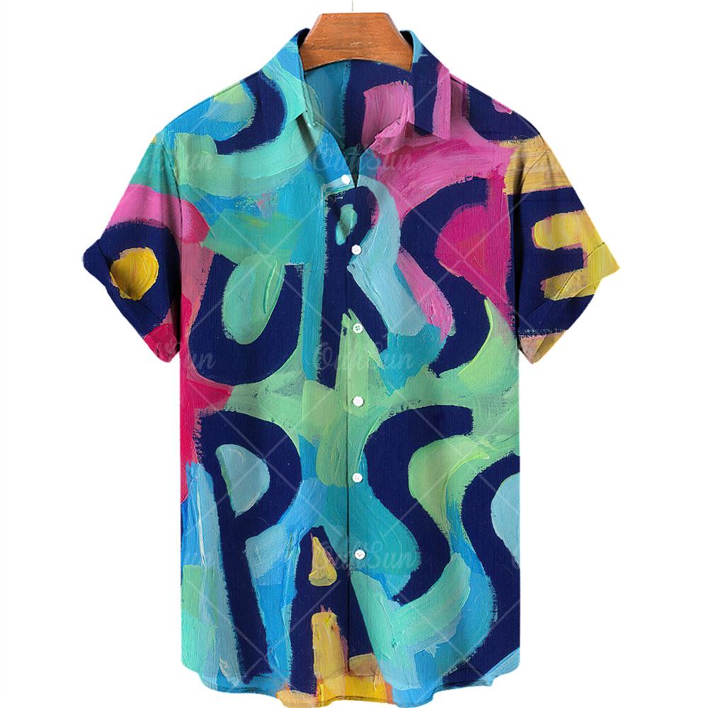 Летняя мужская рубашка с 3D-граффити, напечатанная масляными красками, модная уличная гавайская пляжная повседневная рубашка с лацканами и короткими рукавами