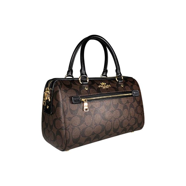 COACH Rowan Coated Canvas With Smooth Leather Boston Bag, Handbag, Shoulder Bag, Crossbody Bag Large Women's Dark Brown 83607-IMAA8
