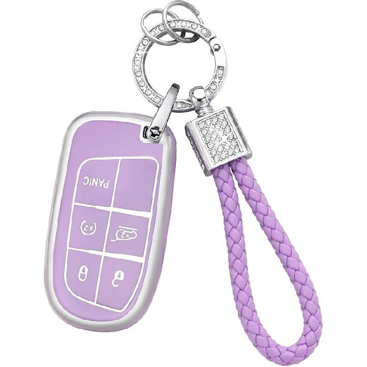 PIFOOG Key Fob Cover for Jeep Cherokee Grand Cherokee Compass Renegade Accessories Purple Bling Keychain 5 Button Car Keys Case Shell Full Covers