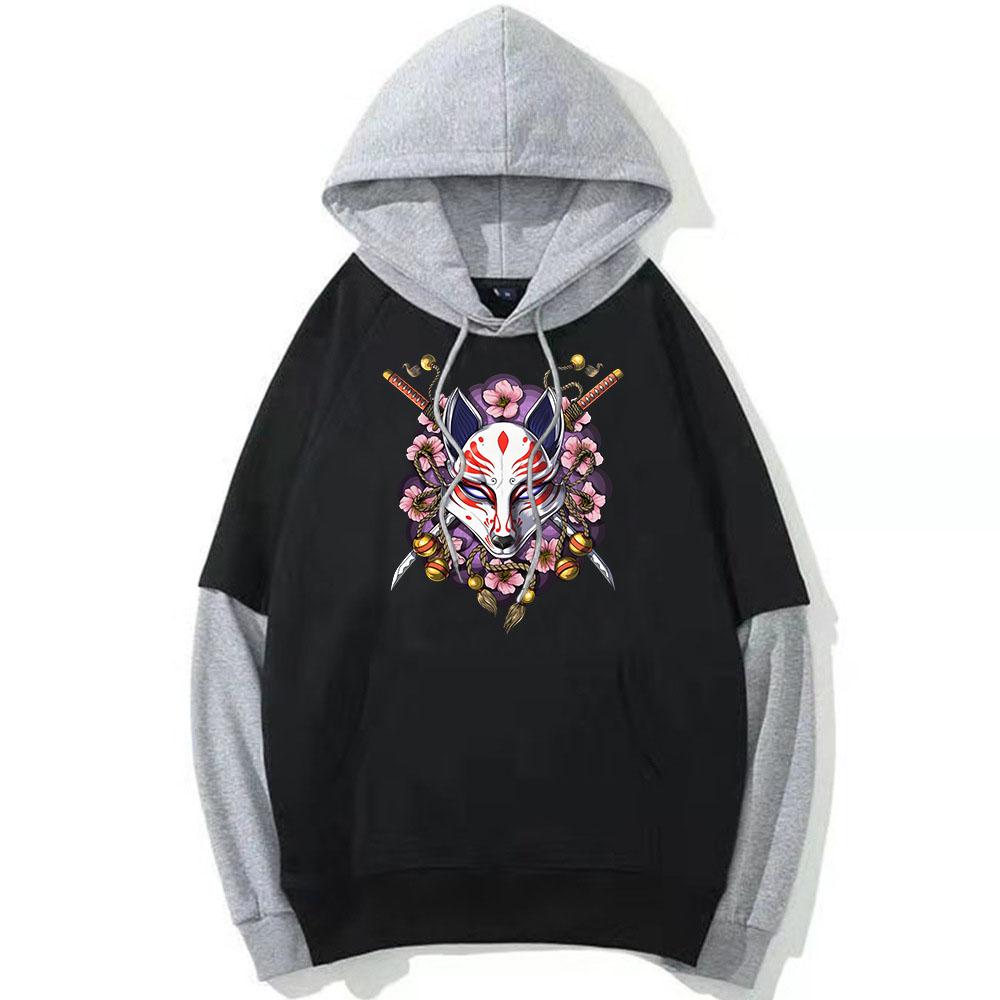 Толстовка с капюшоном Kitsune Fox Mask для мужчин/женщин, лоскутная толстовка с капюшоном в стиле аниме, пуловеры в японском стиле с принтом манги