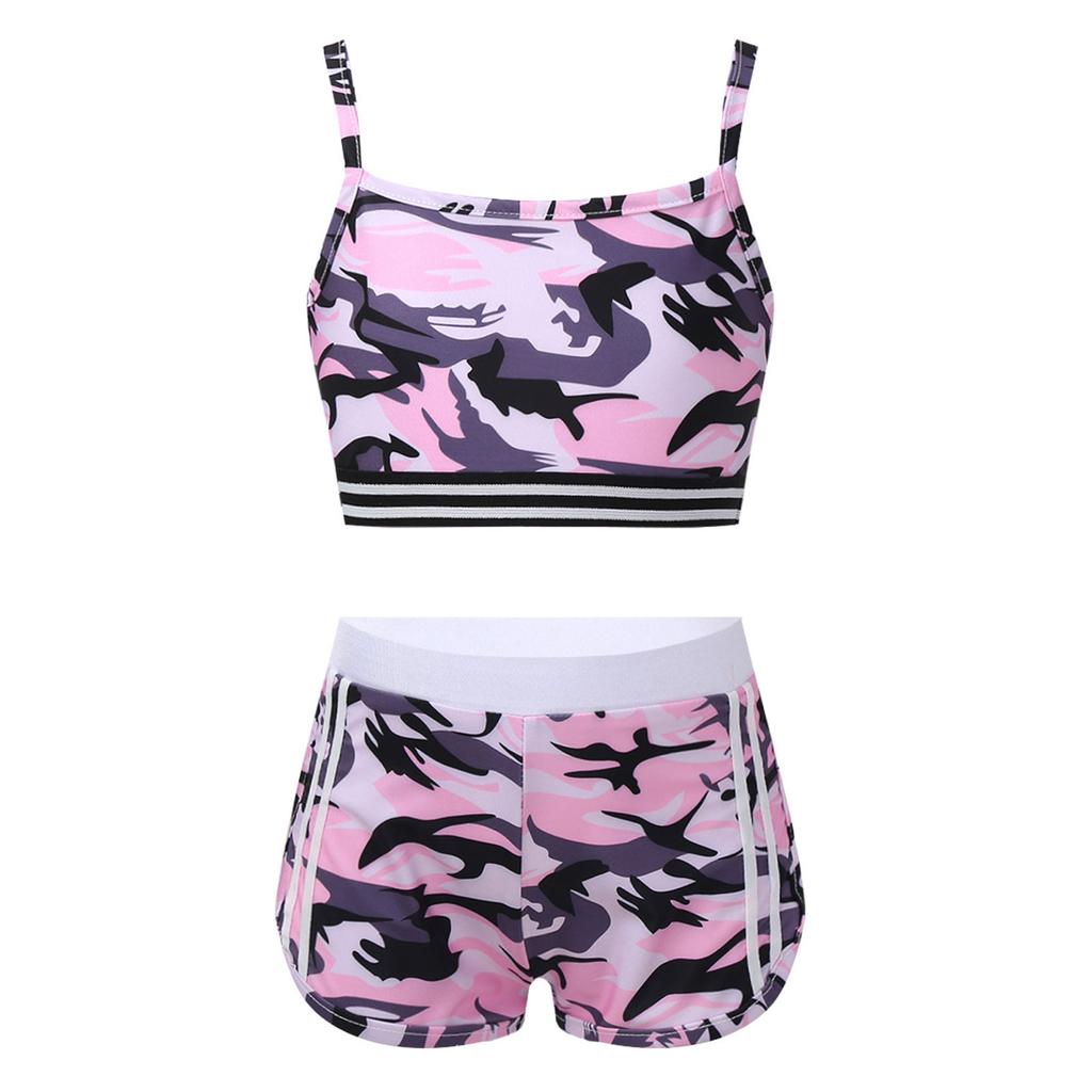 Kids Girls Athletic Workout Tank Crop Top Boyshort 2Pcs Set Gym Sports Fitness Tracksuit