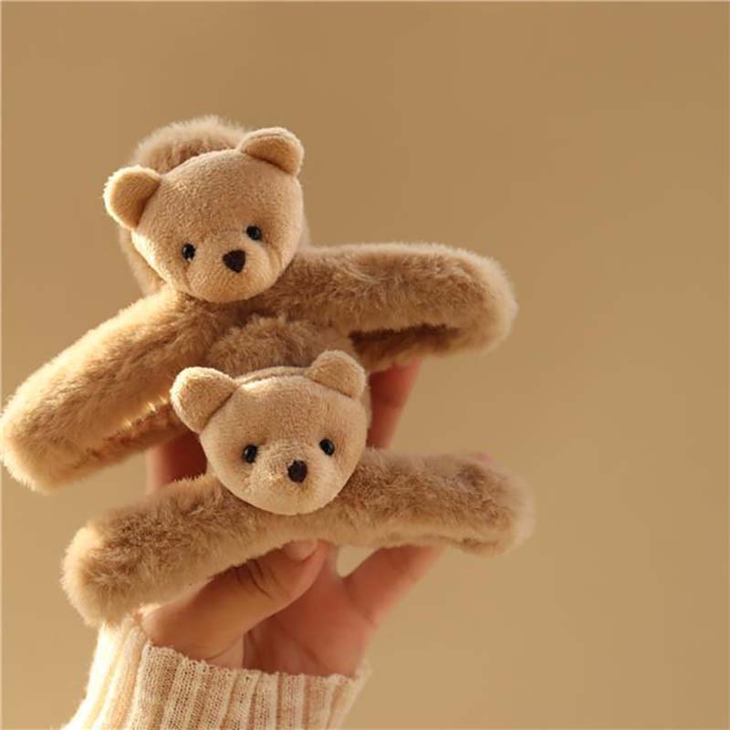 Плюшевая заколка для волос с милым медведем для женщин, двусторонняя голова медведя, большой зажим с когтями, корейские заколки в виде краба, женские заколки для волос, аксессуары для волос, модная заколка с мультяшным рисунком