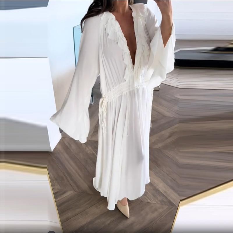 Элегантные однотонные платья с воланами, свободное женское длинное платье с V-образным вырезом и длинными рукавами, новое летнее женское платье для поездок на работу и отдыха 2025 г.