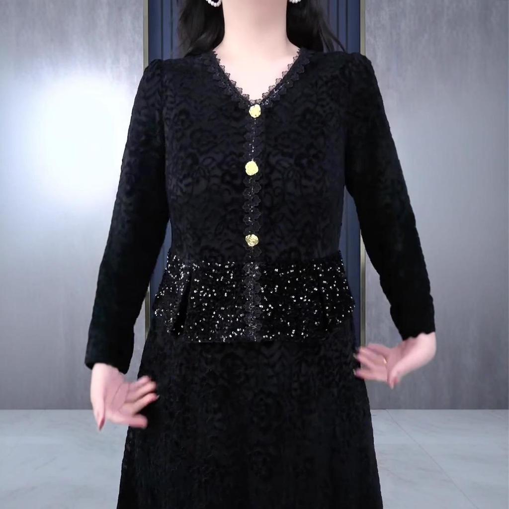 Spring Luxury Sequin Lace Velvet Embroidered Casual Dress for Plus-Size Women