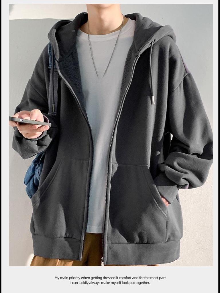 Men's Hooded Cardigan Sweatshirt - 2022 Autumn/Winter, Solid Color, Trendy Loose Fit, Sports Style, with Zipper.