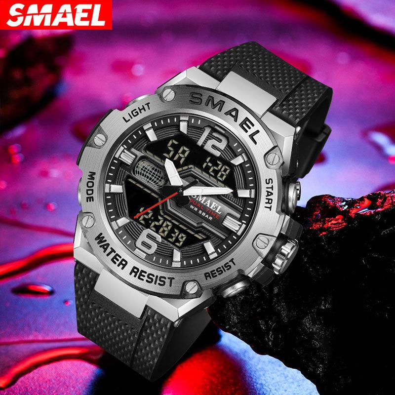 SMAEL Модные мужские часы, спортивные часы, 50 м, водонепроницаемые наручные часы, светодиодные цифровые часы с автоматической датой, секундомер, будильники 8033, мужские повседневные часы