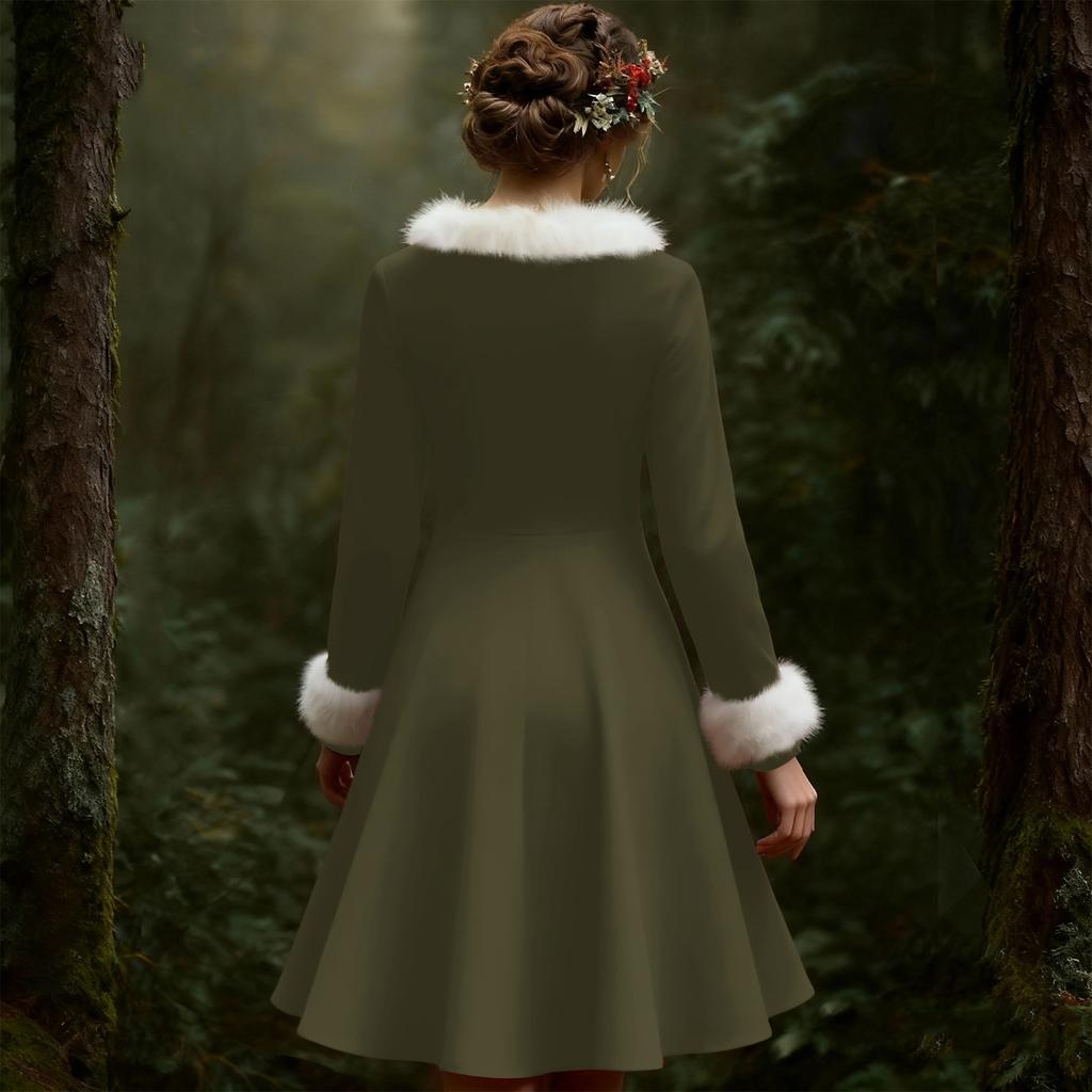 Женское повседневное платье с V-образным вырезом, рождественским принтом, плюшевыми длинными рукавами