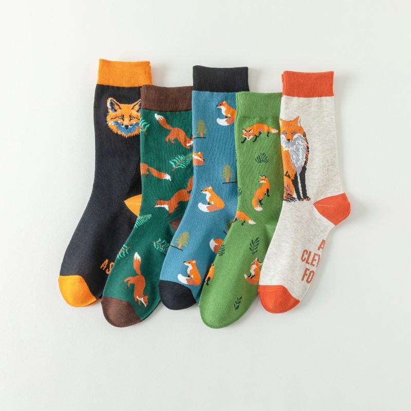 Cute Women's Socks Cartoon Animal Fox Series Fun Fashion Casual Four Seasons Men's and Women's Anti-Friction Mid-Calf Socks