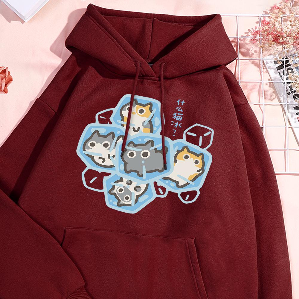 Толстовка с капюшоном Ice Cat Fun Cartoons Cats для мужчин и женщин в стиле Харадзюку, повседневная одежда, свободный свитер в стиле Streetwear, толстовки с капюшоном
