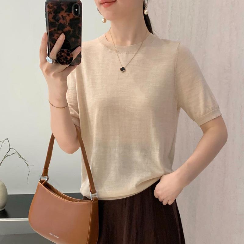 Women's 100% Wool Knit Pullover - Machine Washable, Round Neck, Short Sleeve, Solid Color