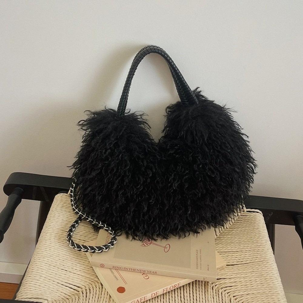 Woven Handle Shoulder Bag Metal Chain Handbag Casual Curly Faux Fur Crossbody Bag Winter