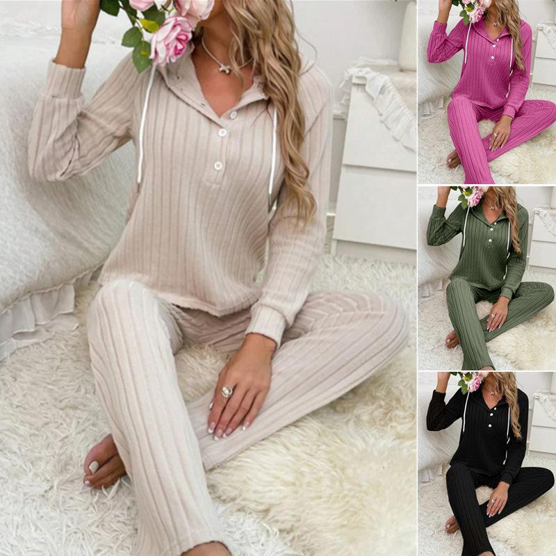 Women's Home Wear Set Casual Fashion Pit Strip Brushed Long-sleeved Hooded Button T-shirt Trousers