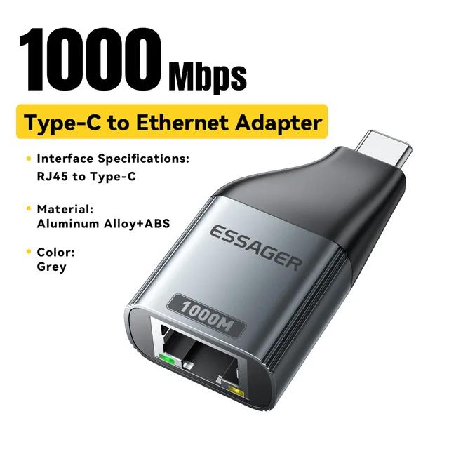 Адаптер Essager Type-C к Ethernet 100/1000 Мбит/с, высокоскоростной гигабитный адаптер RJ45 к Type-c для проводной сетевой карты ноутбука MacBook