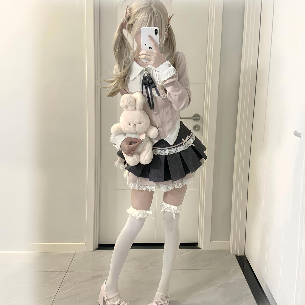 Набор формы Ligwon Gothic Lolita JK с мини-юбкой розового цвета в стиле Харадзюку, корейской, рождественской, женской, серого цвета, стиль, стиль, весна, лето, осень, Хэллоуин,