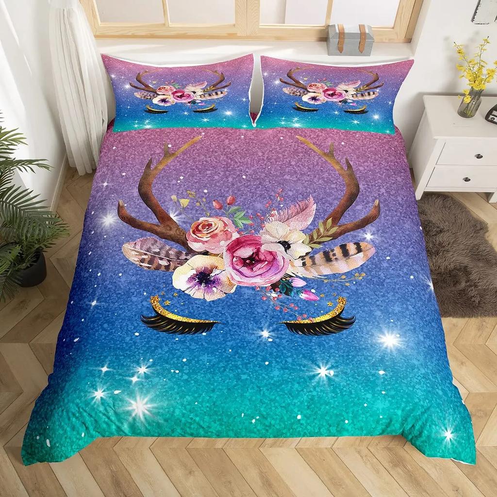 Unicorn Eyelas Duvet Cover Gradient Red and Purple Rainbow Golden Long Lashes Glittering Polyester Bedroom Decorations Women Kid