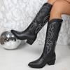 Модная женская обувь на распродаже 2024 Высокое качество Боковая молния Женские сапоги Зимние Острый носок Однотонные Высокий голенище Массивный каблук Ковбойские сапоги