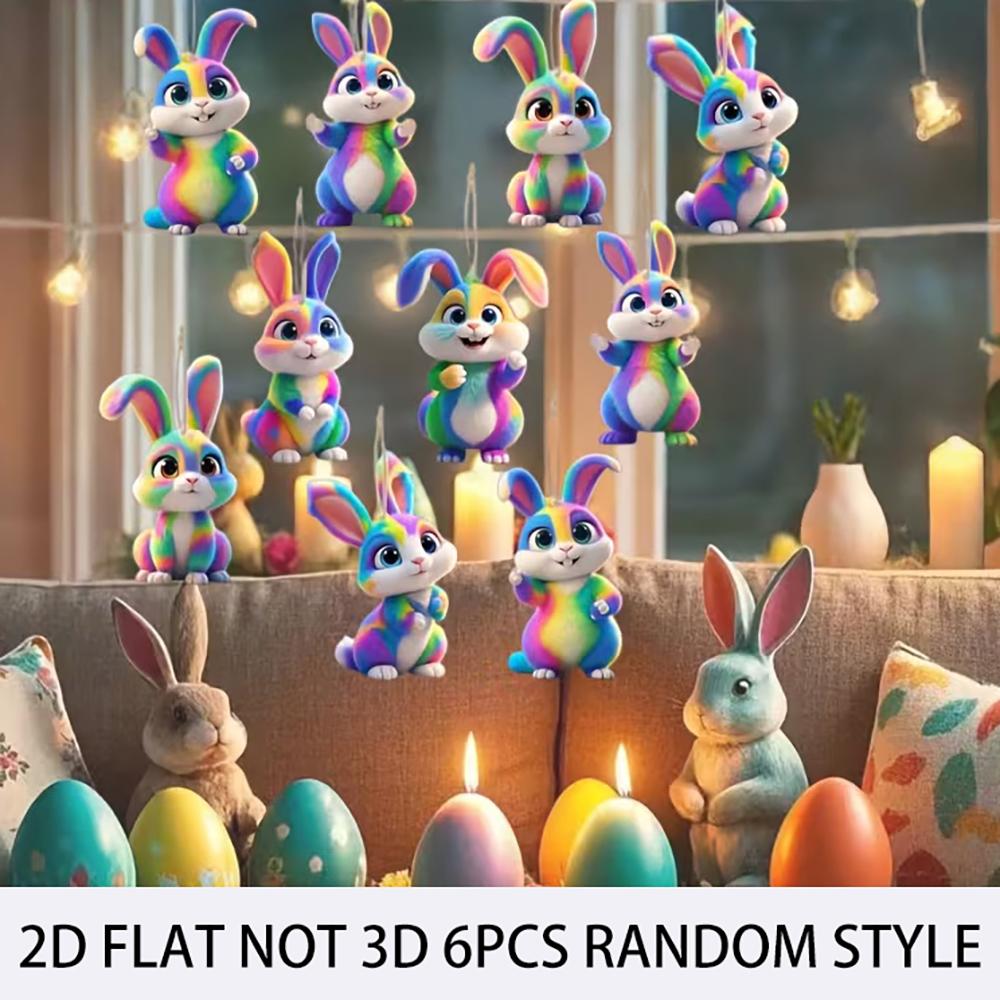 6PCS 2D flat wooden Easter bunny with a cute colorful design, featuring a wooden interior and pastoral hanging decorations