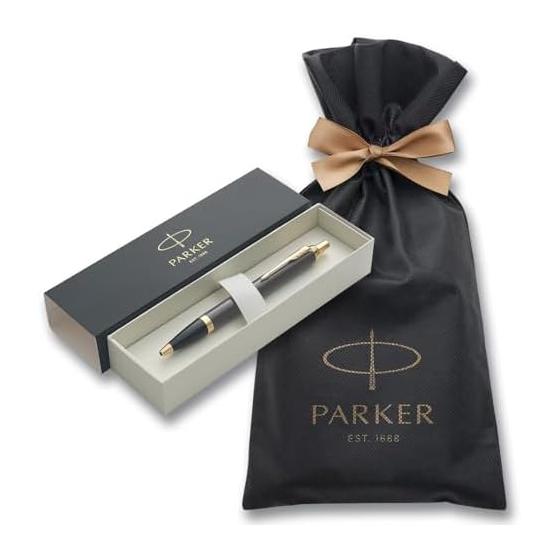 Шариковая ручка PARKER IM, средний стержень (M), Черные чернила, серое лаковое покрытие с золотой отделкой, в подарочной упаковке