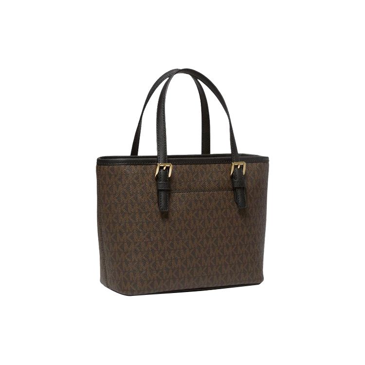 Michael Kors Mk Jet Set Монограмма Color Block Покрытый холст и кожаная отделка Сумка-тоут Сумка для покупок На плечо Через плечо Сумка Мини 35T9GTVT0B-BROWN-BLK