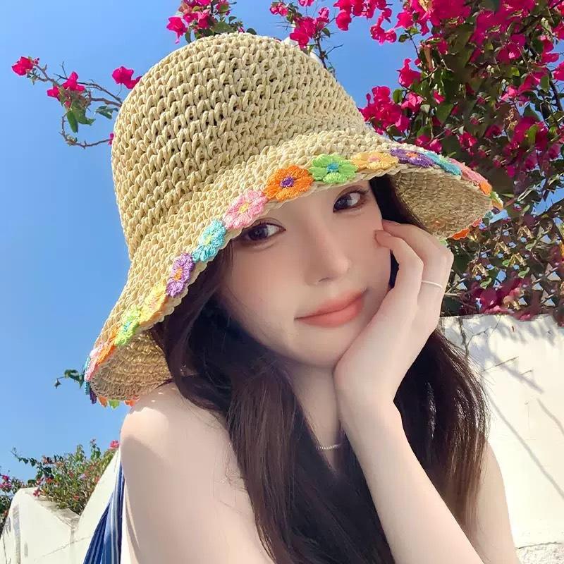 Feminine Flower Straw Fisherman Hat Summer Sun Protection Wide Brim Breathable for Beach Vacation