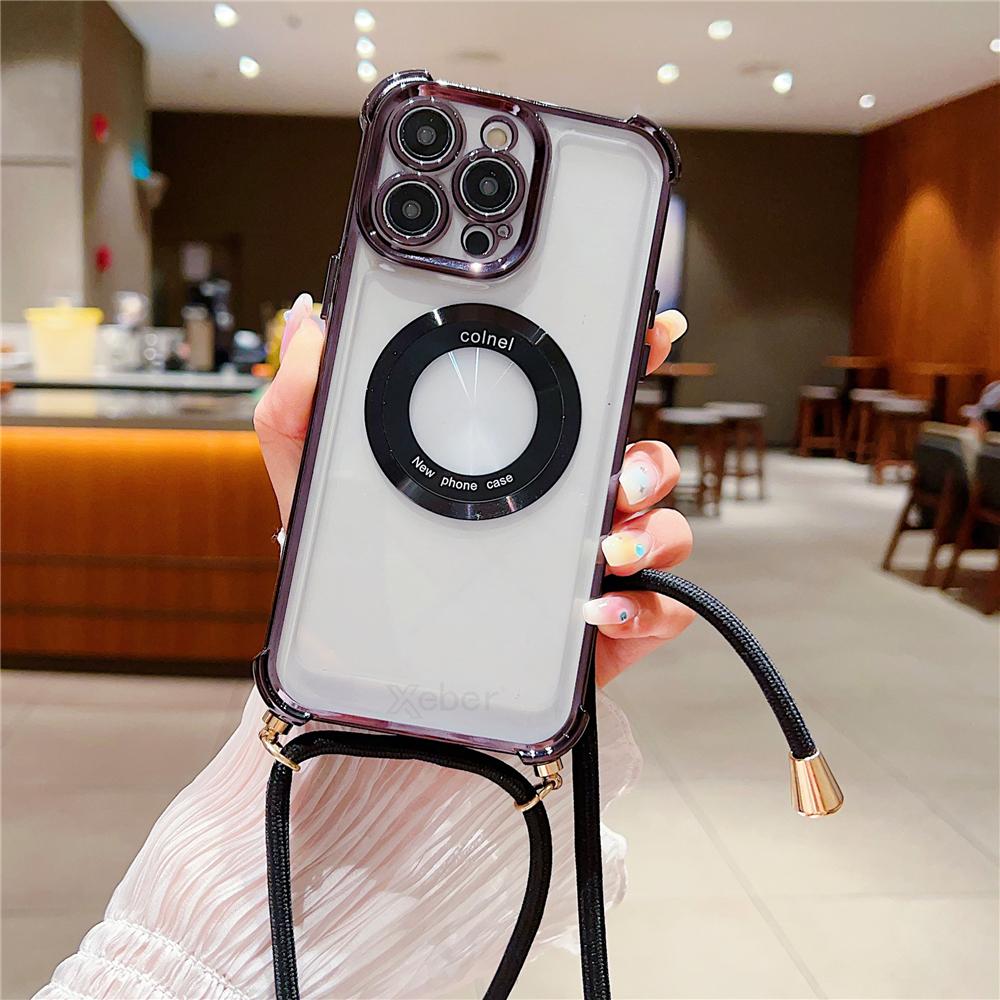 Роскошное покрытие, прозрачное ожерелье через плечо, магнитный ремешок для чехла Magsafe для iPhone 14 Pro Max 13 12 11 Plus, защитный чехол для подушки безопасности